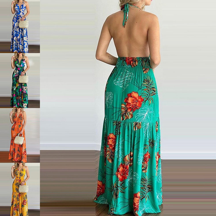 Maxi Dress Halter - Длинное цветочное платье макси с открытой