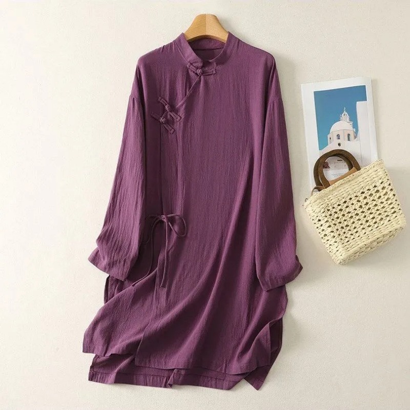 Linen Dress Wrap - Женское льняное платье-туника в китайском стиле