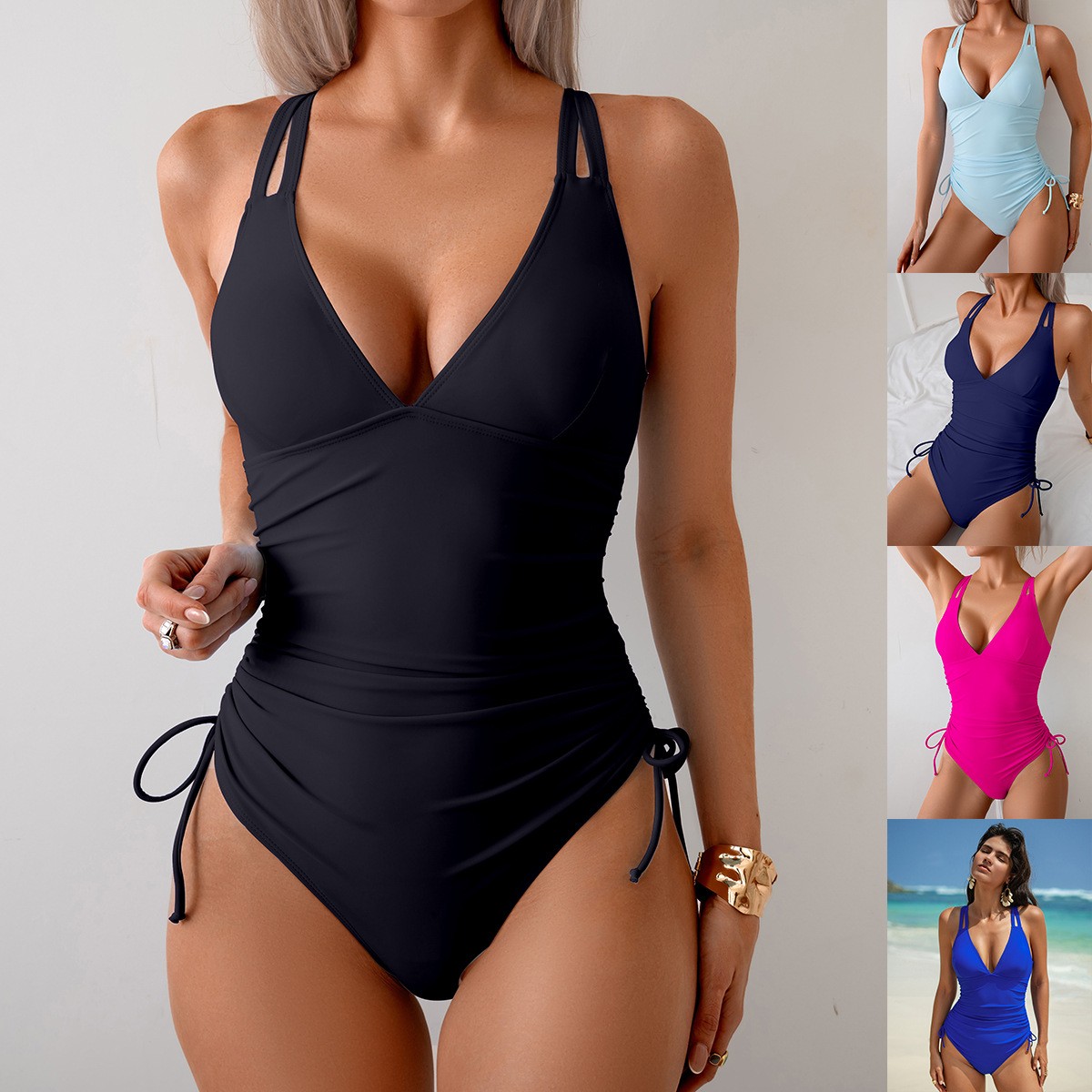 Swimsuit Bikini Ruched - Однотонный черный купальник с V-образным вырезом,