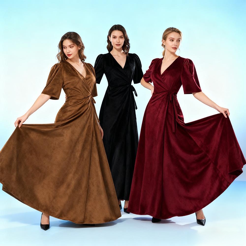 Linen Dress Wrap - Женское длинное бархатное платье с V-образным