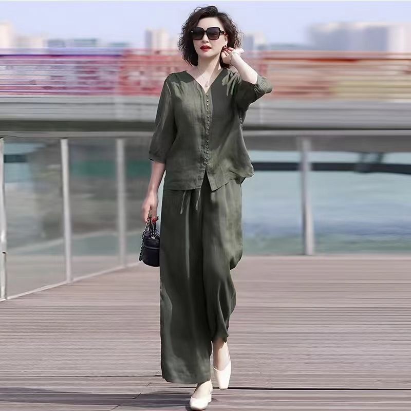 Linen Pant Wide - Женский комплект из двух предметов, повседневные
