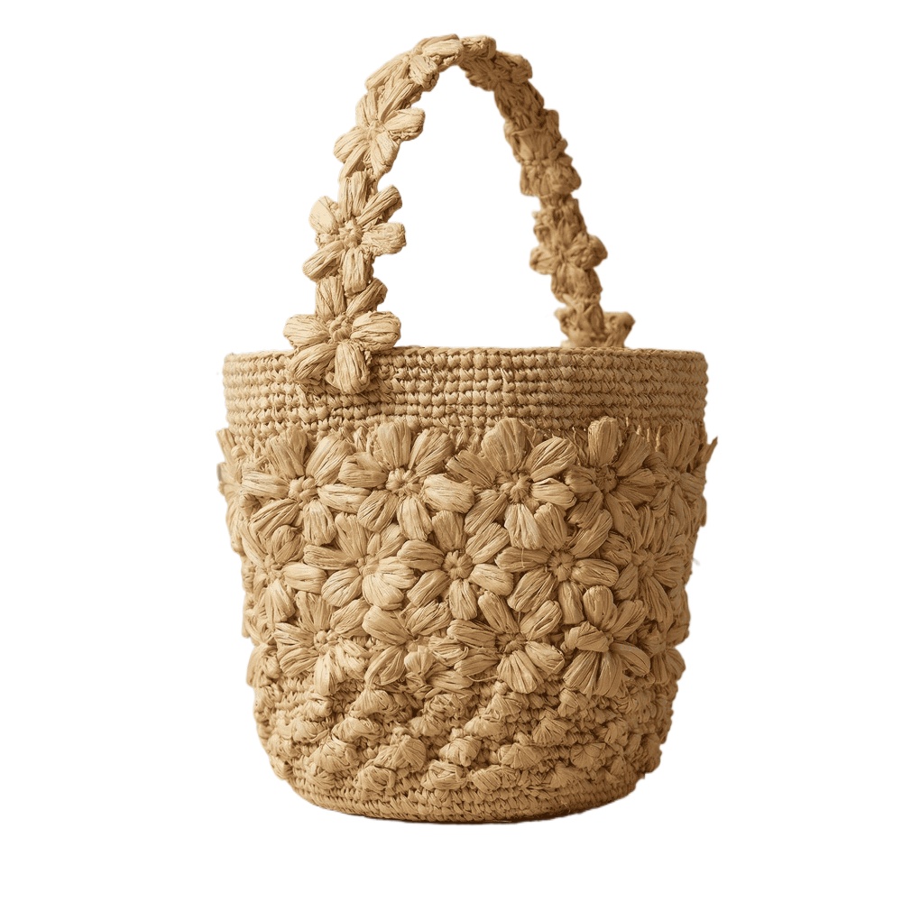 Crochet Bag Raffia - Женская летняя сумка-ведро из рафии ручной